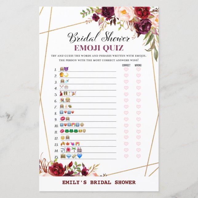 Burgundy Floral Bridal Shower Game, Wedding Shower (Front)