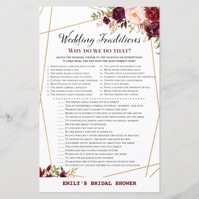 Burgundy Floral Bridal Shower Game, Wedding Shower (Front)