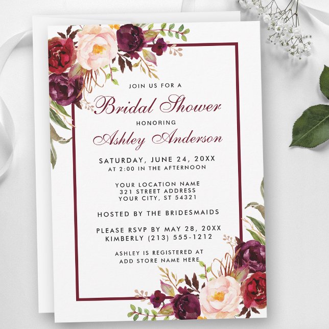 Burgundy Floral Bridal Shower Invitation (Customize to change text size, text style or text color.)
