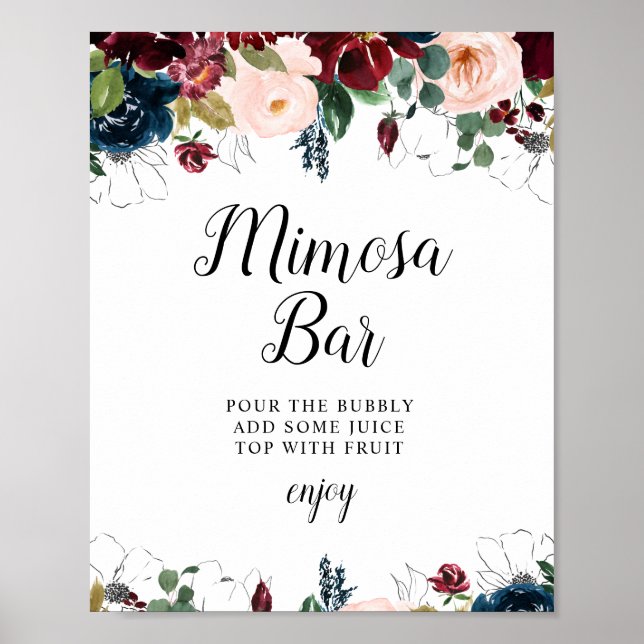 burgundy floral bridal shower mimosa bar sign (Front)