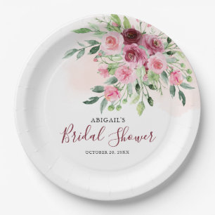 Burgundy Floral  Bridal Shower Paper Plate