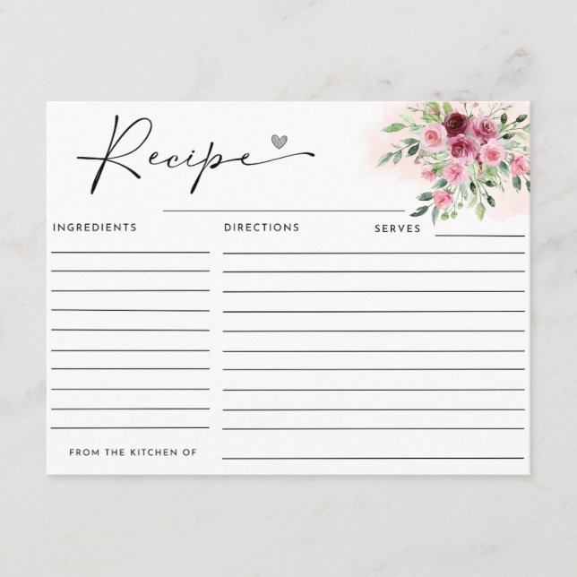 Burgundy Floral  Bridal Shower Recipe Card (Front)