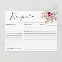 Burgundy Floral Bridal Shower Recipe Card