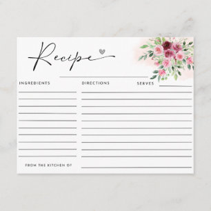 Burgundy Floral  Bridal Shower Recipe Card