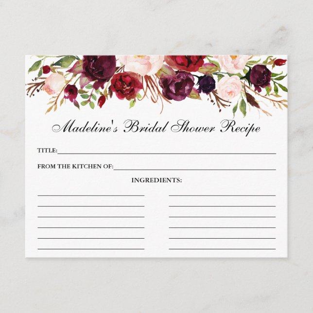 Burgundy Floral Bridal Shower Recipe Card (Front)