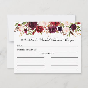 Burgundy Floral Bridal Shower Recipe Card
