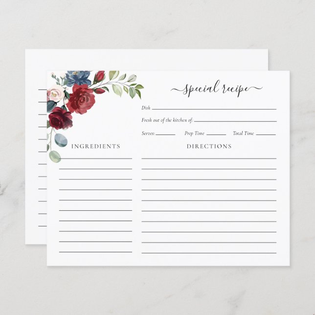 Burgundy Floral Bridal Shower Script Recipe Card (Front/Back)