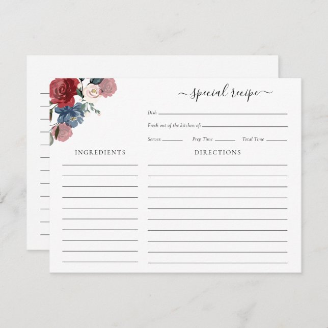 Burgundy Floral Bridal Shower Script Recipe Enclosure Card (Front/Back)