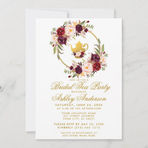 Burgundy Floral Bridal Shower Tea Party Invite WG
