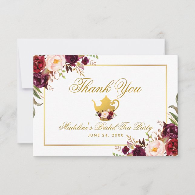Burgundy Floral Bridal Shower Tea Party Thanks Invitation (Front)