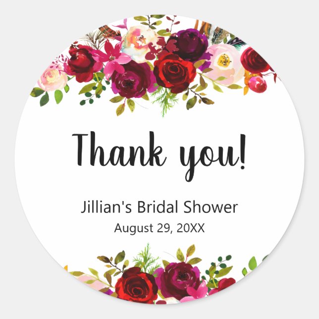 Burgundy Floral bridal shower thank you favour Classic Round Sticker (Front)