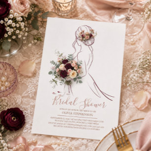 Burgundy Floral Bride Illustration Bridal Shower Invitation
