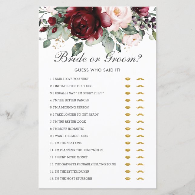Burgundy Floral Bride or Groom Guess Who Said It (Front)