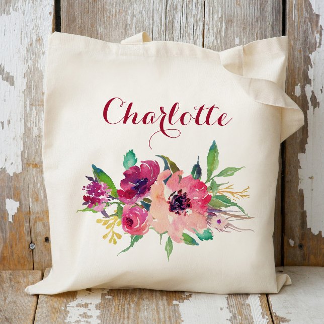 Burgundy Floral Bridesmaid Personalised Tote Bag (Creator Uploaded)