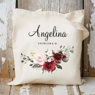 Burgundy Floral Bridesmaid Personalized Tote Bag