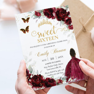 Burgundy Floral Brown Princess Sweet Sixteen 16 Invitation