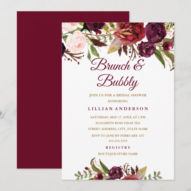 Burgundy Floral Brunch and Bubbly Bridal Shower Invitation (Front/Back)