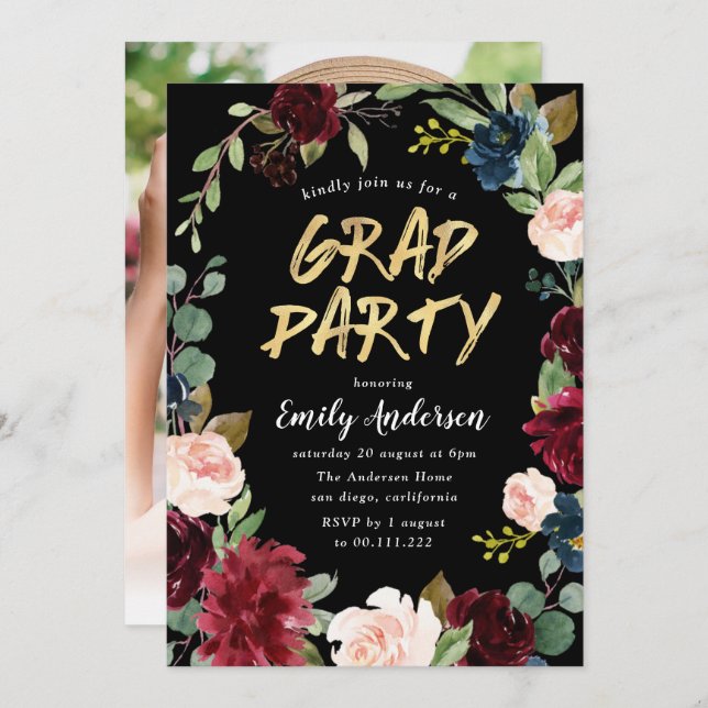Burgundy floral brush script blac graduation party invitation (Front/Back)