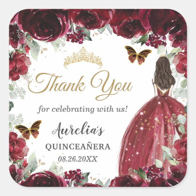 Burgundy Floral Butterflies Princess Gold Favour Square Sticker (Front)