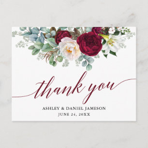 Burgundy Floral Calligraphy Wedding Thank You Postcard