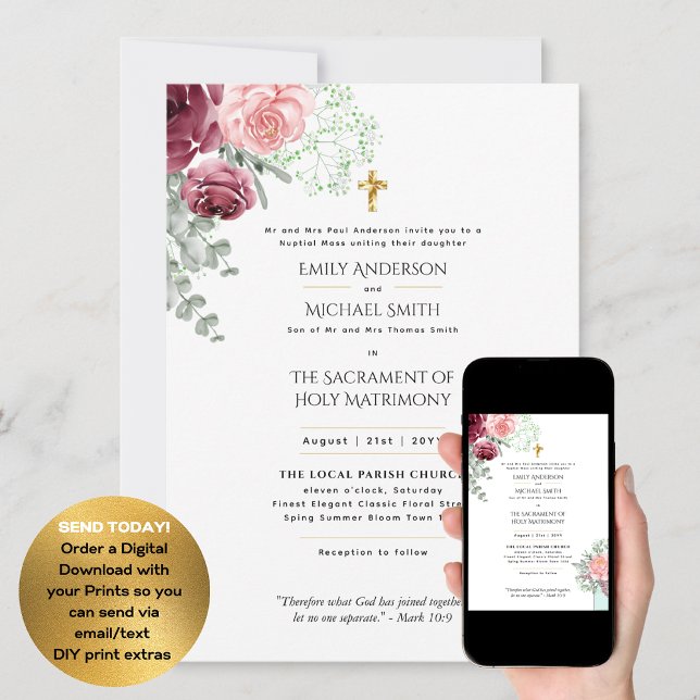 Burgundy Floral  Catholic Nuptial Mass Wedding Invitation (Creator Uploaded)