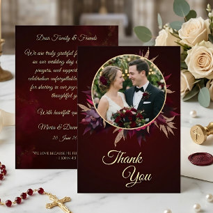 Burgundy Floral Catholic Wedding Thank You Card