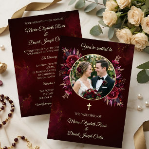 Burgundy Floral Catholic Wedding with Photo Invitation