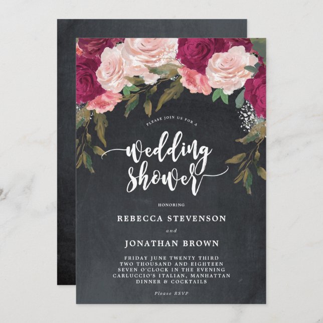 Burgundy floral chalk wedding shower invitation (Front/Back)