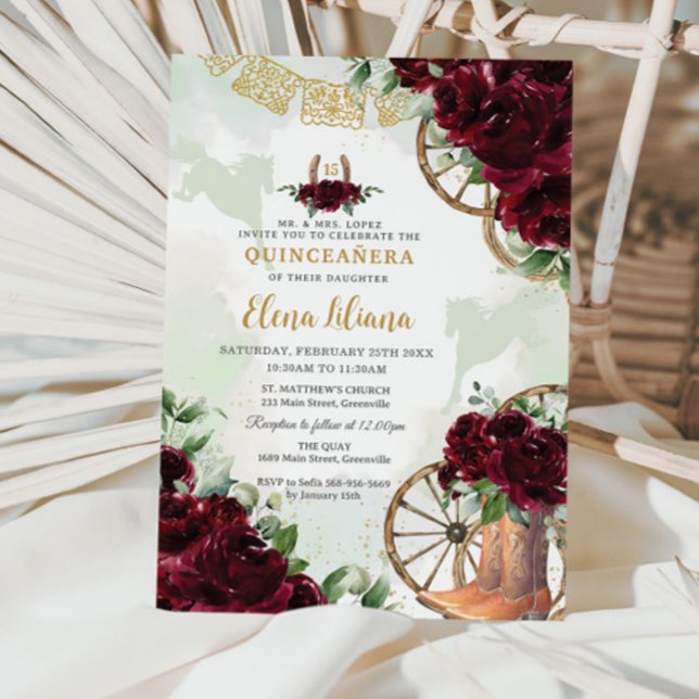 Burgundy Floral Charro Boots Sweet 16 Quinceañera Invitation (Zazzle-burgundy-roses-floral-charro-cowboy-boots-horses-western-horseshoe-quinceanera-invitation)