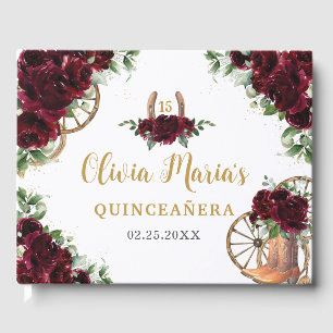 Burgundy Floral Charro Cowboy Boots Quinceanera Guest Book