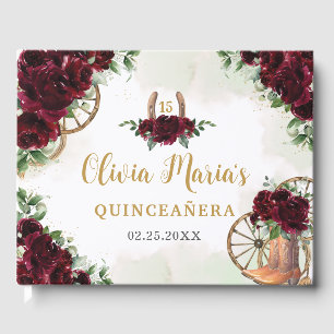 Burgundy Floral Charro Cowboy Boots Quinceanera Guest Book