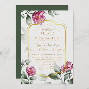 Burgundy Floral Chic Golden Frame Wedding Invitation