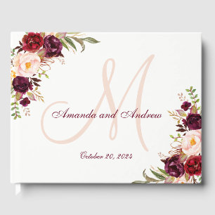 Burgundy Floral Chic Grey Monogram Photo Wedding Guest Book
