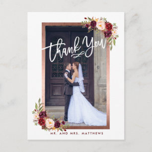 Burgundy Floral Chic Photo Wedding Thank You Announcement Postcard