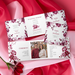 Burgundy floral Chinoiserie peony wedding program Tri-Fold Programme