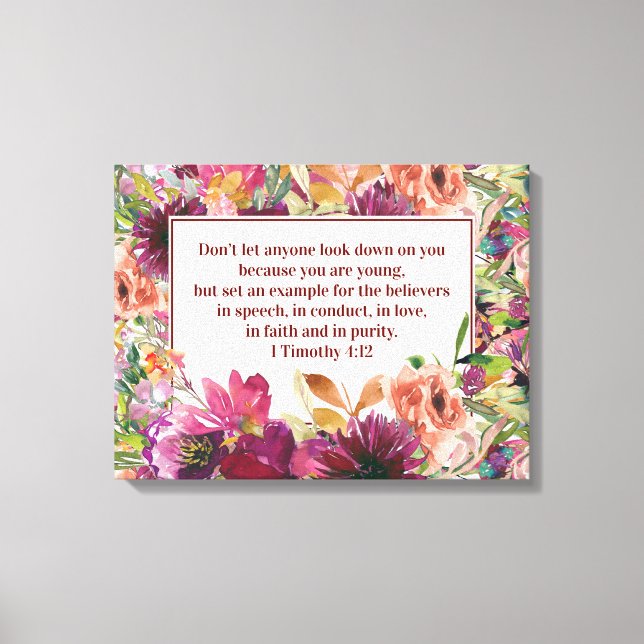 Burgundy Floral Christian Bible Timothy Youth Canvas Print (Front)