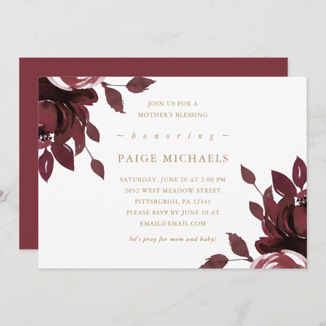 Burgundy Floral Christian Mother's Blessing Invitation (Front/Back)