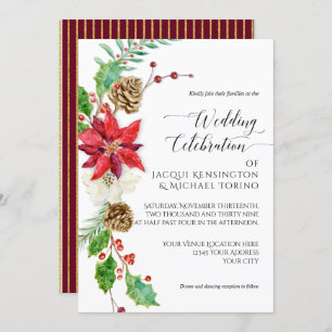 Burgundy Floral Christmas Gold Winter Holly Berry Invitation