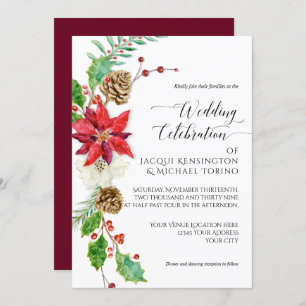 Burgundy Floral Christmas Gold Winter Holly Berry Invitation