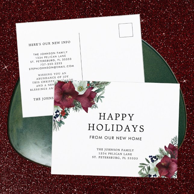 Burgundy Floral Christmas New Home Holiday Postcard (Burgundy Amaryllis Christmas Floral Moving Announcement Postcard)