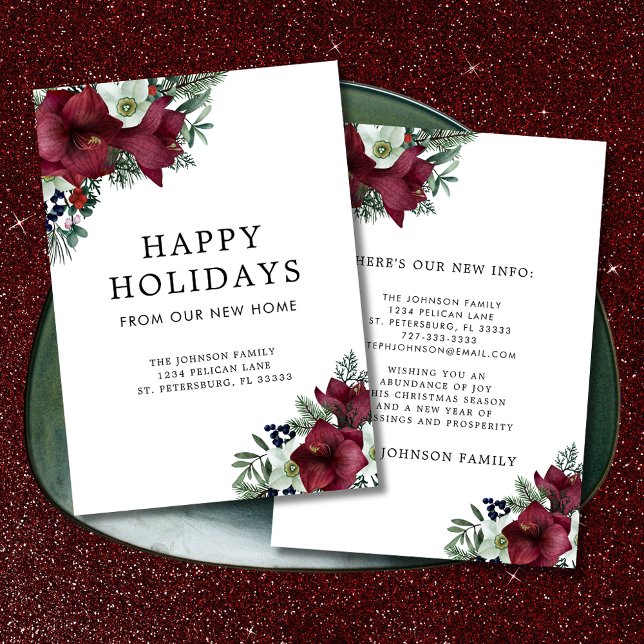 Burgundy Floral Christmas Theme Holiday Moving Announcement (Burgundy Amaryllis Christmas Floral Holiday Moving Announcement)