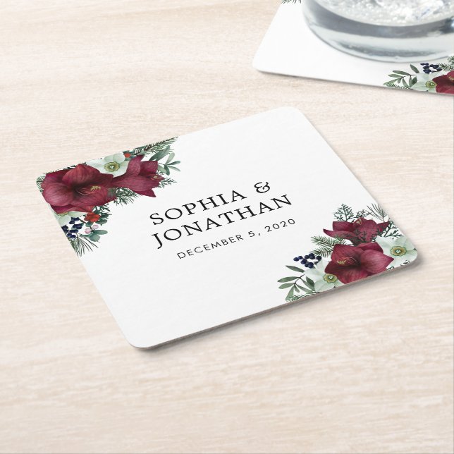 Burgundy Floral Christmas Theme Winter Wedding Square Paper Coaster (Angled)