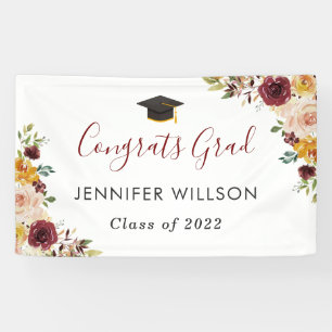 Burgundy Floral Congrats Grad Graduation Banner
