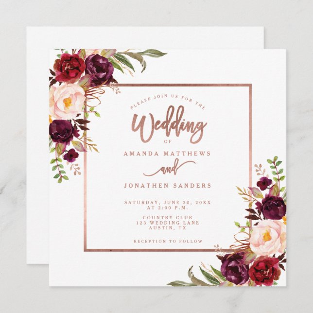Burgundy Floral Copper Rose Gold Script Wedding Invitation (Front/Back)