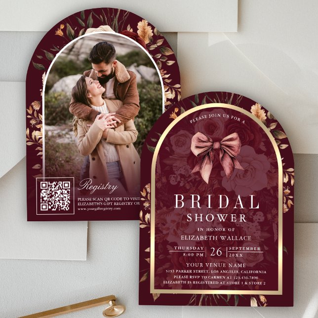 Burgundy Floral Coquette Bow Arch Bridal Shower Invitation (Creator Uploaded)