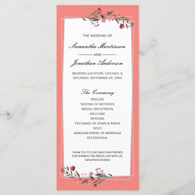 Burgundy Floral Coral | Grey Geometric Wedding Programme (Front)