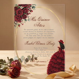 Burgundy floral cowgirl Quinceanera Spanish Acrylic Invitations
