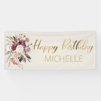 Burgundy Floral Cream Gold Happy Birthday