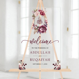 Burgundy Floral Crest  Muslim Wedding Welcome Acrylic Sign