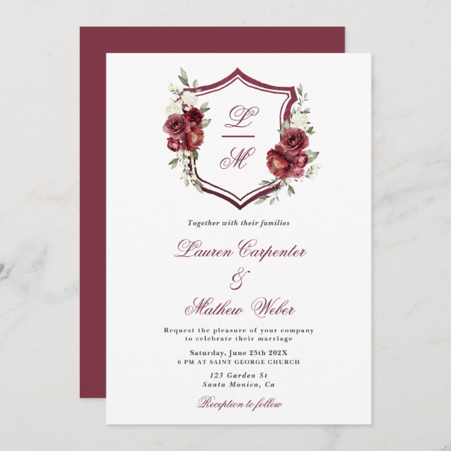 Burgundy Floral Crest Wedding invitation (Front/Back)